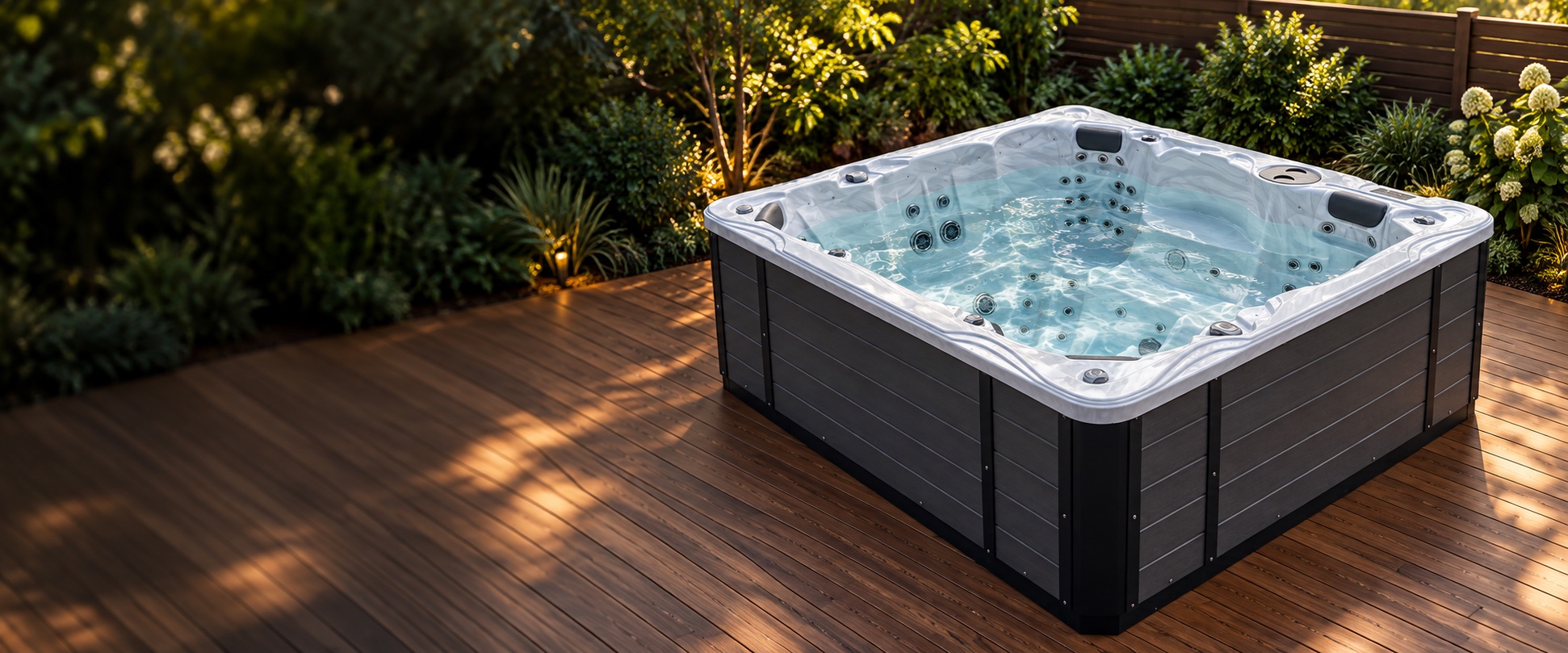 Illustration of a silver and charcoal hot tub on a garden deck